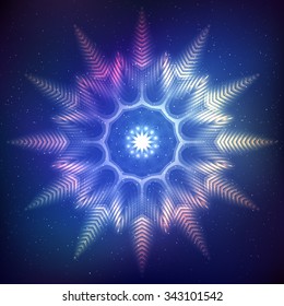 Blue abstract shining cosmic  snowflake star on dark blue background
