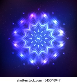 Blue abstract shining cosmic  snowflake on dark blue background