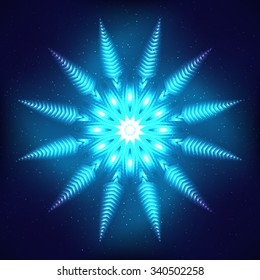 Blue abstract shining cosmic  star snowflake on blue blurred background