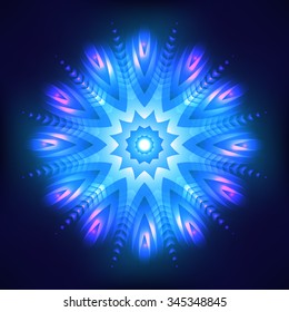 Blue abstract shining cosmic star snowflake on blue background