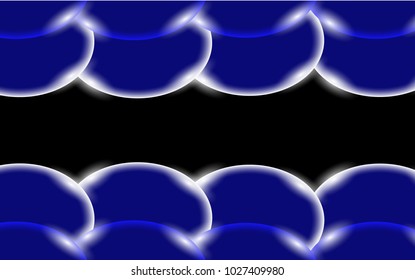 Blue abstract shiny beautiful and convex smooth bulky simple balls, bubbles, circles with glare of light located on top and bottom on a black background and place simple text. Vector illustration.
