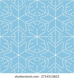Blaue abstrakte Schneeflocken nahtloses Vektormuster, Niedliches geometrisches Winterdesign mit Punkten für Hintergründe und Verpackung