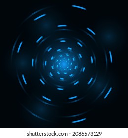 Blue abstract spiral circle neon lines on black background. Abstract helix round blue shape geometric backdrop. Vector illustration