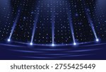 Blue Abstract Stage Light Background with Spotlight Beams and Glowing Particles. Futuristic Night Scene Vector Illustration