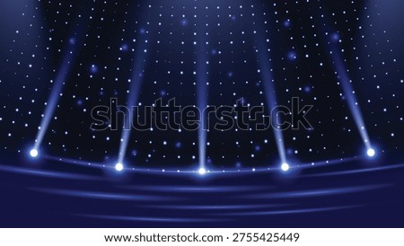 Blue Abstract Stage Light Background with Spotlight Beams and Glowing Particles. Futuristic Night Scene Vector Illustration
