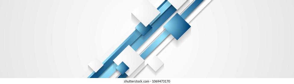 Blue abstract stripes and squares tech banner design. Vector web header graphic background