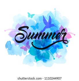 Blue abstract summer tropical background with flowers, humming bird and watercolor texture. Vector illustration