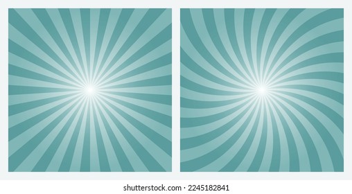 Blue abstract sunburst pattern background set. Cadet blue radial and swirl retro style background  in pop art style.
