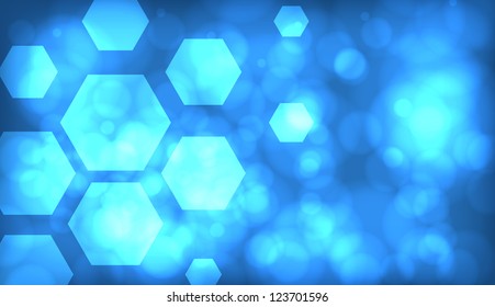 Blue abstract techno background with hexagons and glowing sparks. EPS10 vector.
