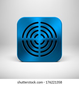 Blue abstract technology app icon, button template with circle perforated speaker grill pattern, metal texture (chrome, steel, silver) and realistic shadow for interfaces (UI) and applications (apps).