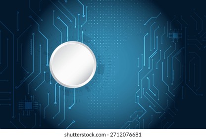 Blue abstract technology background with circuit lines and a central circular interface element, representing digital innovation, data flow, futuristic systems, and modern electronics.