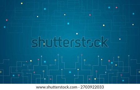 Blue abstract technology background with geometric lines, circuit connections, and colorful glowing dots. Modern digital pattern ideal for tech designs, presentations, and futuristic layouts.