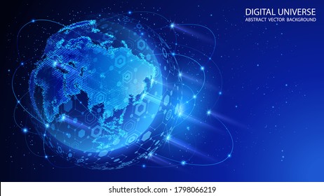 Blue abstract technology background. Satellites and rockets in orbit of planet Earth. Global World Wide Web internet. Technologies and communications. Map of the planet. World map. Vector.