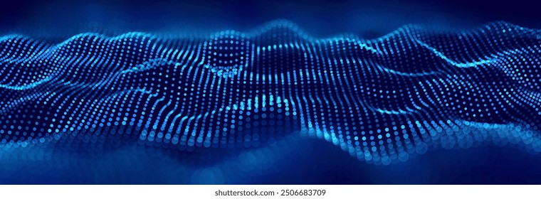 Blue Abstract Technology Digital Data Flow Wavy Lines Background. Big Data Flow Cyber Particles Bokeh. Digital Neural Network. Concept of AI Artificial Intelligence Vector Illustration.