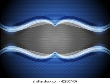 Blue abstract template for card or banner. Metal Background with waves and reflections. Business background, silver, illustration. Illustration of abstract background with a metallic element