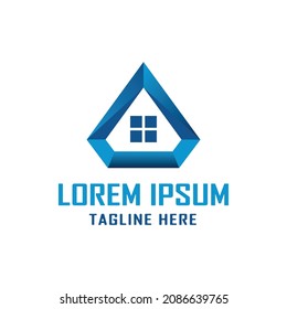 blue abstract triangle logo, house triangle, line art with window view inside, for property, residential, real estate