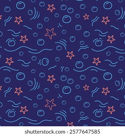 Blue abstract underwater pattern with waves, bubbles and starfish. Seamless background in the form of doodle lines. Vector wallpaper for fabric, wrapping paper, design.