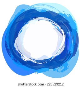 Blue abstract vector background. Artistic brush strokes and paint splashes with circle place for text. Painted blue blot as symbol of water, fresh, purity. As frame, design element.