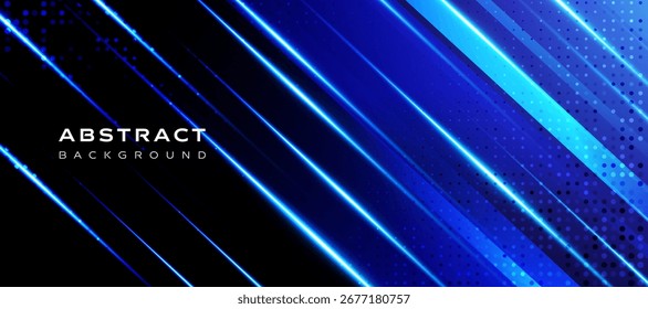 Fundo de vetor abstrato azul com linhas de brilho diagonal e padrão de pontos de meio-tom. Perfeito para design moderno, papel de parede digital, tecnologia, tema futurista e projetos gráficos criativos.