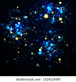 Blue abstract vector bokeh background.  Christmas and New Year feast. Magic concept. Graphic resources design template. Sparkling magical dust particles. 