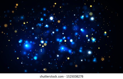 Blue abstract vector bokeh background.  Christmas and New Year feast. Magic concept. Graphic resources design template. Sparkling magical dust particles. 