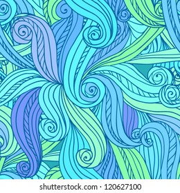 Blue abstract vector colorful seamless hand-drawn pattern, waves background
