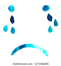 Blue, an abstract vector drawing of a sad face with tears, hand painted in watercolor, depression concept