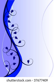 A blue abstract vector illustration in portrait orientation with a vertical floral design in shades of blue on a light blue graduated base with room for text