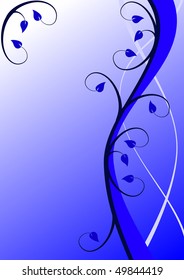A blue abstract vector illustration in portrait orientation with a vertical floral design in shades of blue on a light blue graduated base with room for text