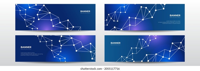 Blue abstract vector technology business long banner template. Business minimal background with halftone circle frame. Abstract background with dynamic effect