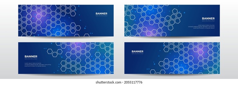 Blue abstract vector technology business long banner template. Business minimal background with halftone circle frame. Abstract background with dynamic effect