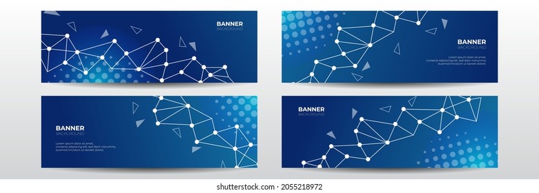 Plantilla de banner de larga duración de negocios de tecnología vectorial abstracta azul. Fondo mínimo de negocio con marco de círculo de medio tono. Fondo abstracto con efecto dinámico