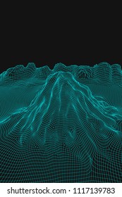 Blue abstract vector wireframe landscape background. 3D futuristic mesh mountains. 80s Retro illustration. Cyberspace technology valleys.