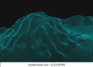 Blue abstract vector wireframe landscape background. 3D futuristic mesh mountains. 80s Retro illustration. Cyberspace technology valleys.
