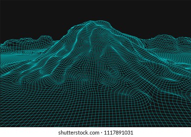 Blue abstract vector wireframe landscape background. 3D futuristic mesh mountains. 80s Retro illustration. Cyberspace technology valleys.