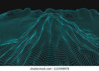 Blue abstract vector wireframe landscape background. 3D futuristic mesh mountains. 80s Retro illustration. Cyberspace technology valleys.