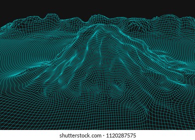 Blue abstract vector wireframe landscape background. 3D futuristic mesh mountains. 80s Retro illustration. Cyberspace technology valleys.