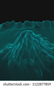 Blue abstract vector wireframe landscape background. 3D futuristic mesh mountains. 80s Retro illustration. Cyberspace technology valleys.