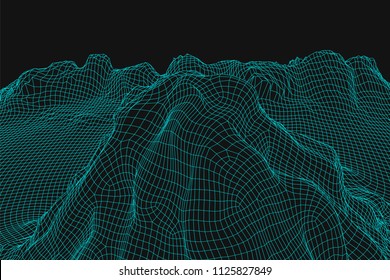 Blue abstract vector wireframe landscape background. 3D futuristic mesh mountains. 80s Retro illustration. Cyberspace technology valleys.