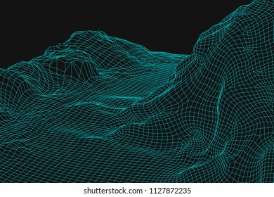 Blue abstract vector wireframe landscape background. 3D futuristic mesh mountains. 80s Retro illustration. Cyberspace technology valleys.