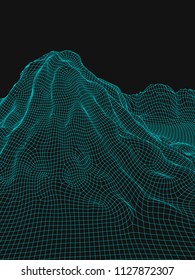Blue abstract vector wireframe landscape background. 3D futuristic mesh mountains. 80s Retro illustration. Cyberspace technology valleys.