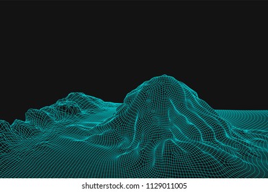 Blue abstract vector wireframe landscape background. 3D futuristic mesh mountains. 80s Retro illustration. Cyberspace technology valleys.