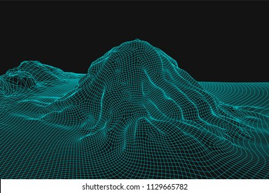 Blue abstract vector wireframe landscape background. 3D futuristic mesh mountains. 80s Retro illustration. Cyberspace technology valleys.