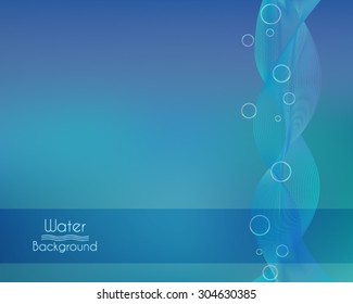 Blue abstract water background with lines and bubbles.