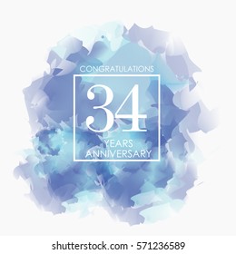 Blue Abstract Watercolor 34 Years Anniversary. Paint Texture,Watercolor backdrop, Cloud and White Square Vector Illustration for Family, Shop, Business, Company, and Events