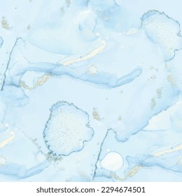 Blue Abstract Watercolor. Fluid Elegant Background. Golden Watercolor Canvas. Gold Alcohol Ink Marble. Copper Vector Ink Repeat. Foil Marble Background. Blue Art Paint. Vector Seamless Ink Template