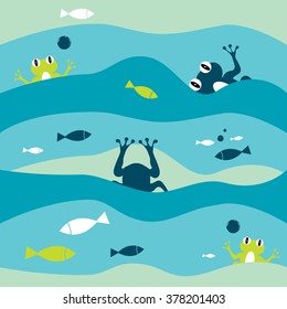 Blue abstract waves with fishes and frog pattern. Vector child  illustration background.