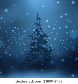 Blue abstract winter background. Dark spruce in the middle of the forest, falling snowflakes and moonlight. Ideal for presenting your holiday or advertising design.