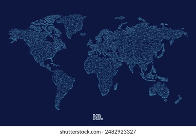 Mapa del mundo abstracto azul en Vector con líneas y puntos conectados La composición general crea una representación visualmente atractiva del mundo, con una estética moderna y estilizada.