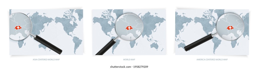 Blue Abstract World Maps with magnifying glass on map of Switzerland with the national flag of Switzerland. Three version of World Map – Asia Centered, America Centered and Europe Centered.